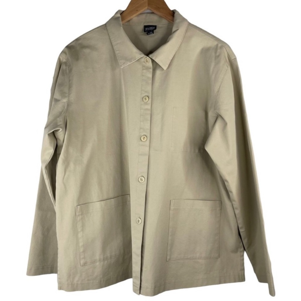 Eileen Fisher Khaki Twill Jacket Button Front Collared Long Sleeve Tan Women's M